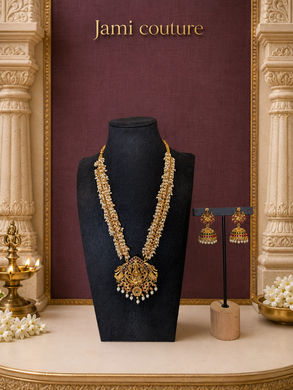Antique Gold Lakshmi Pearl Cluster Long Haram Set with Ruby & Emerald Pendant & Matching Jhumkas | Traditional Temple Jewelry