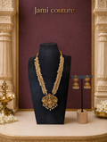 Antique Gold Lakshmi Pearl Cluster Long Haram Set with Ruby & Emerald Pendant & Matching Jhumkas | Traditional Temple Jewelry