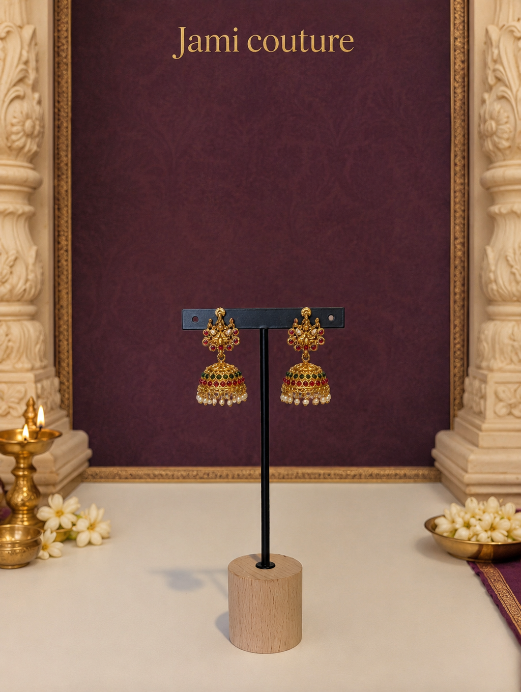 Antique Gold Lakshmi Pearl Cluster Long Haram Set with Ruby & Emerald Pendant & Matching Jhumkas | Traditional Temple Jewelry