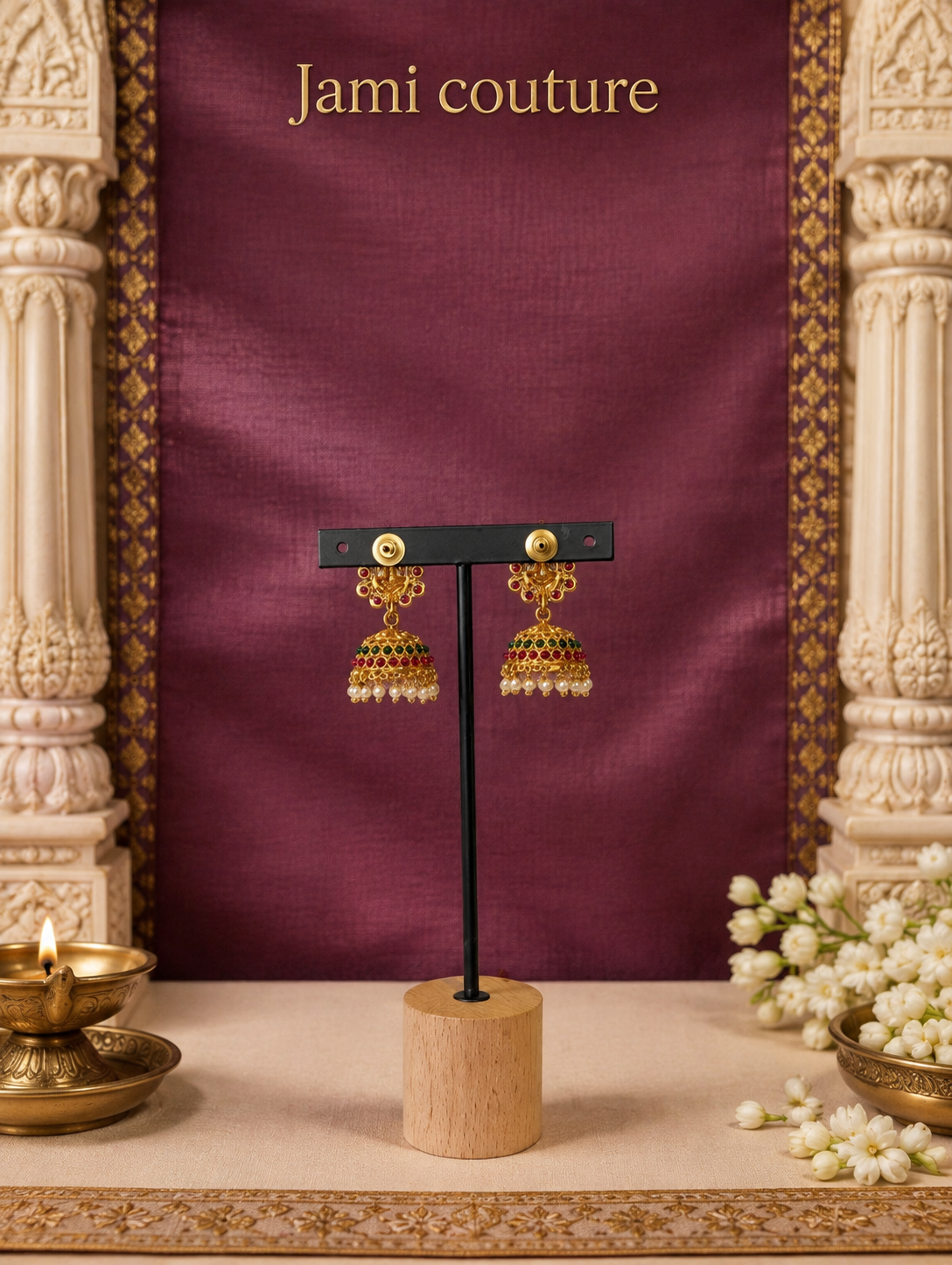 Antique Gold Lakshmi Pearl Cluster Long Haram Set with Ruby & Emerald Pendant & Matching Jhumkas | Traditional Temple Jewelry