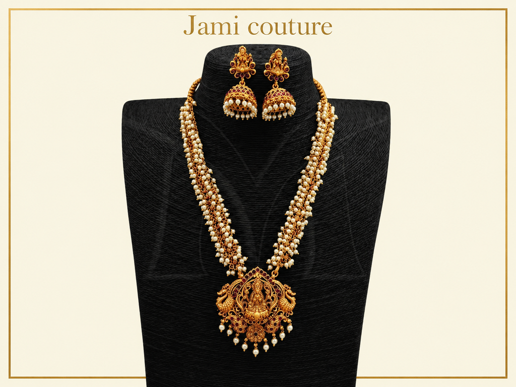 Antique Gold Lakshmi Pearl Cluster Long Haram Set with Ruby & Emerald Pendant & Matching Jhumkas | Traditional Temple Jewelry