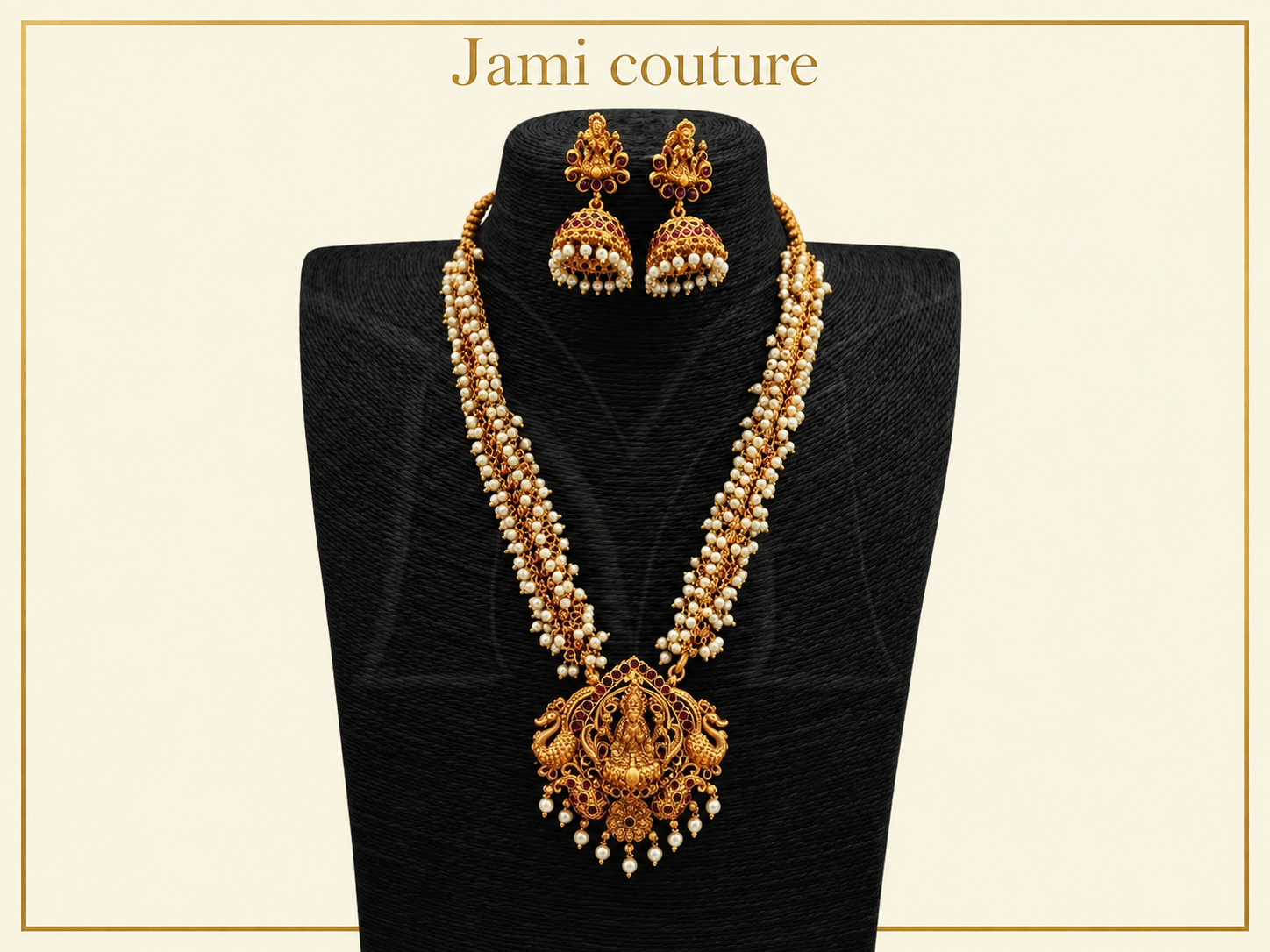 Antique Gold Lakshmi Pearl Cluster Long Haram Set with Ruby & Emerald Pendant & Matching Jhumkas | Traditional Temple Jewelry