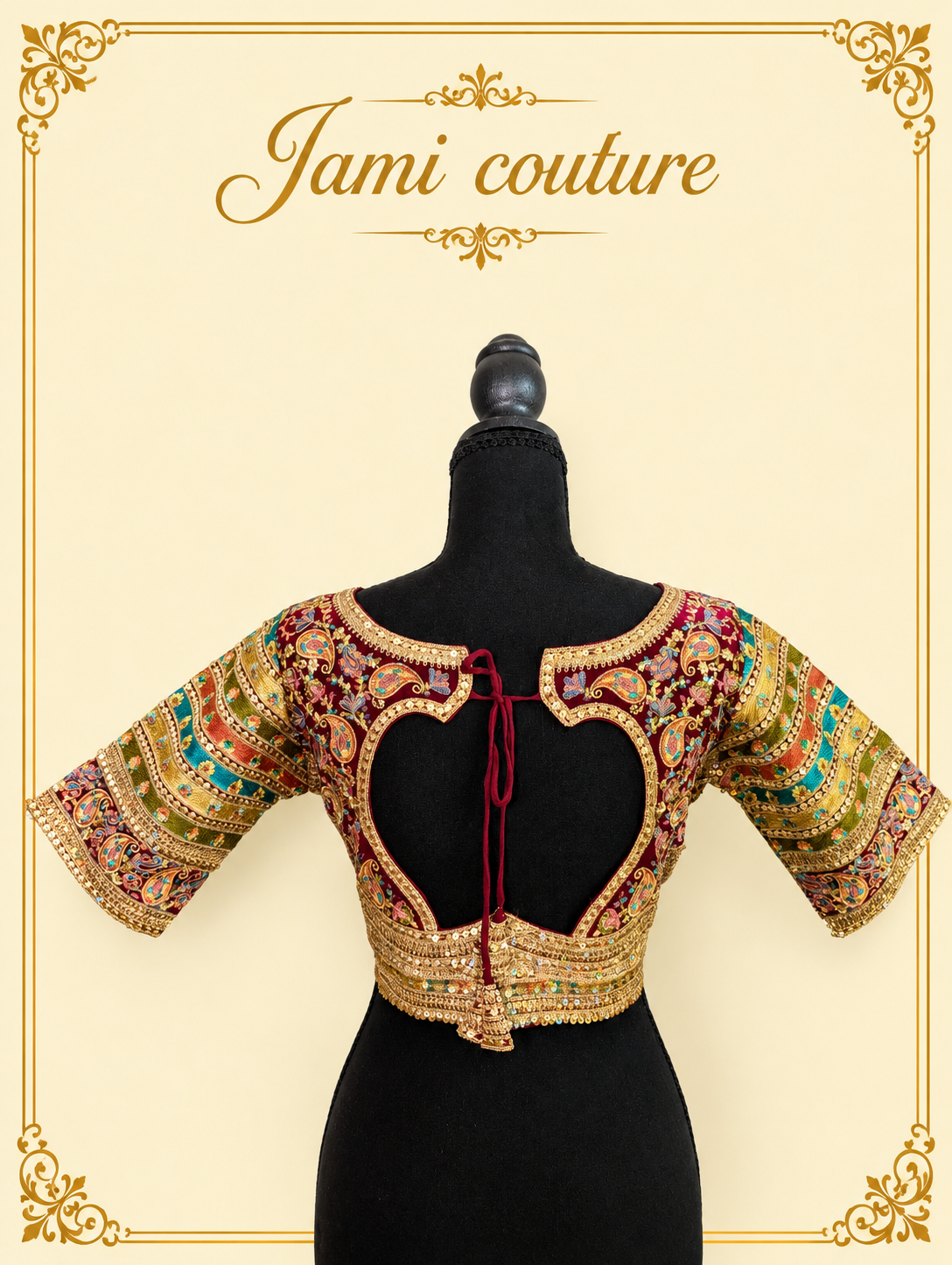 Back of the bridal handwork blouse on a mannequin, showing the heart-shaped cut-out and tie closure