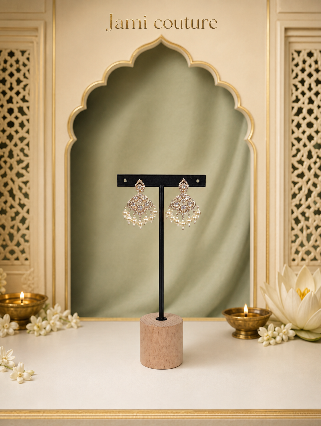 Matching kundan and pearl drop earrings on a stand against a sage backdrop
