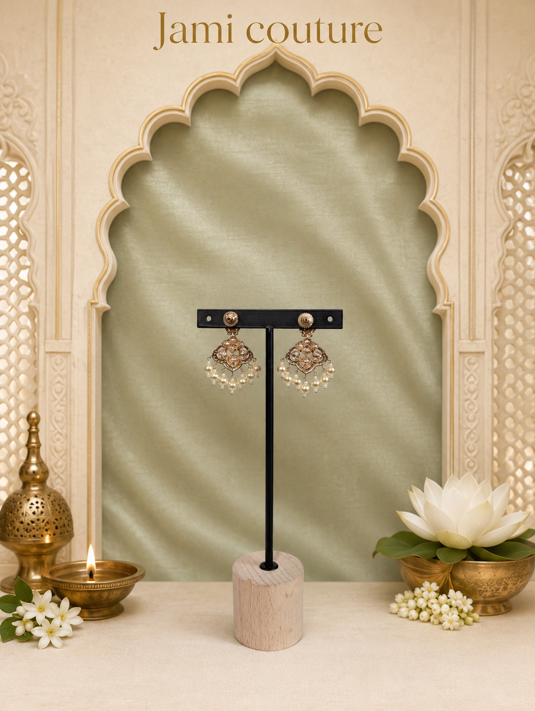 Close view of the kundan and pearl drop earrings on a stand