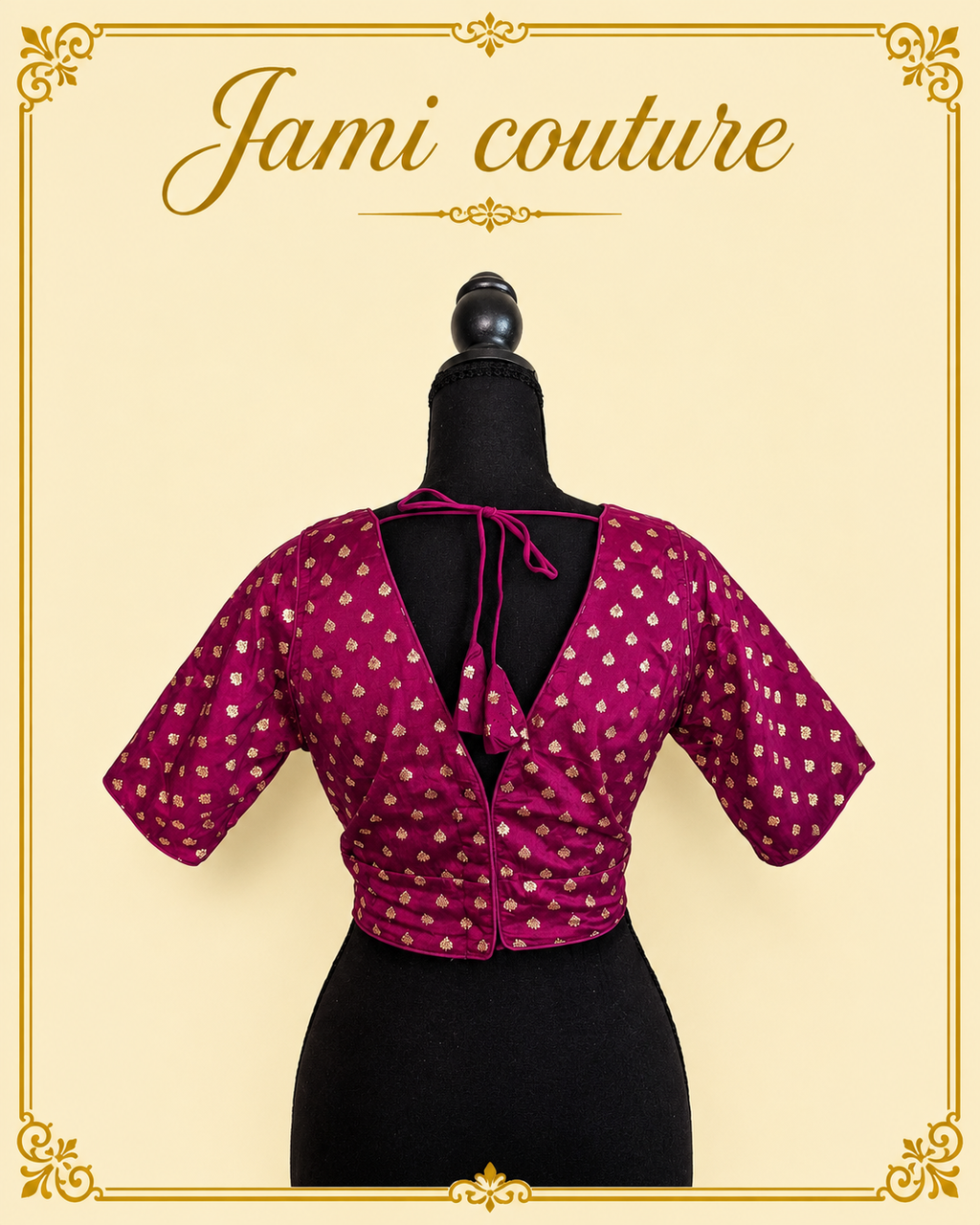 Back of the wine dola silk Banarasi blouse on a mannequin, showing the deep back with tie closure