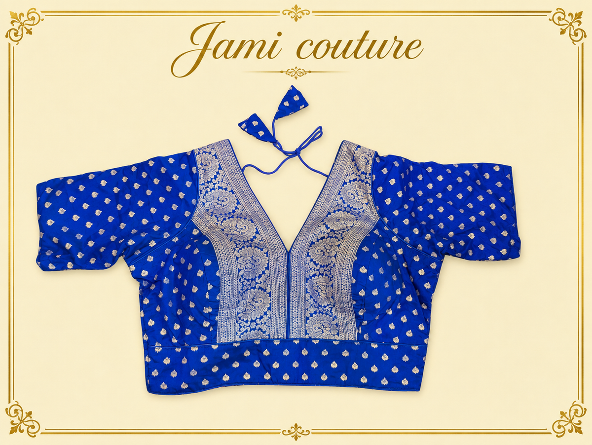 Blue pure dola silk Banarasi designer blouse with gold zari V-neck panel and buttis, laid flat