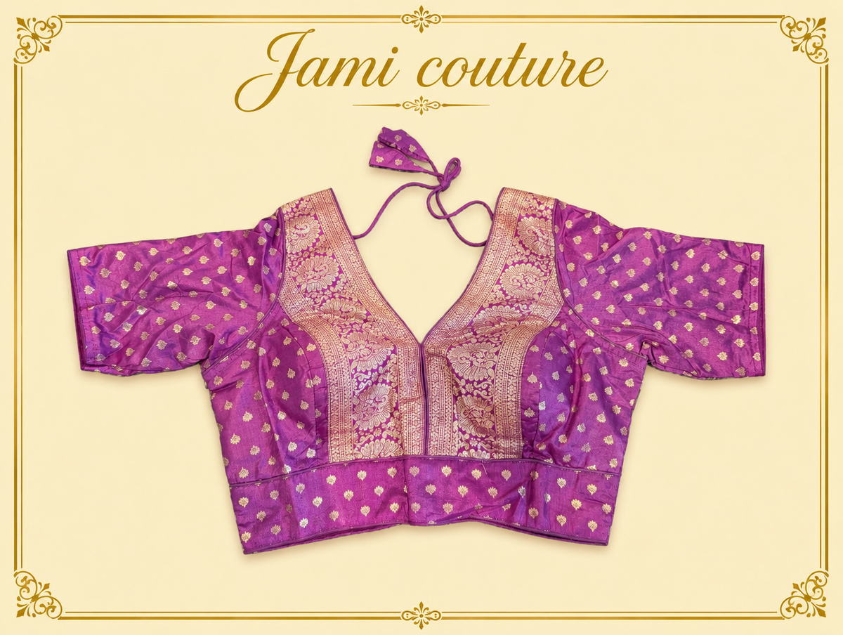 Onion pink pure dola silk Banarasi designer blouse with gold zari panel, laid flat