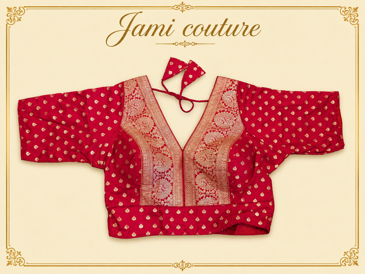 Red pure dola silk Banarasi designer blouse with gold zari V-neck panel and buttis, laid flat