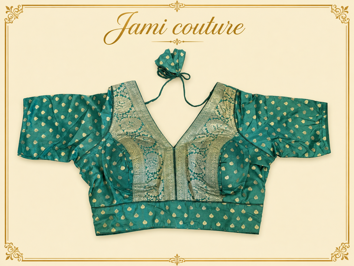 Sea green pure dola silk Banarasi designer blouse with gold zari panel and buttis, laid flat