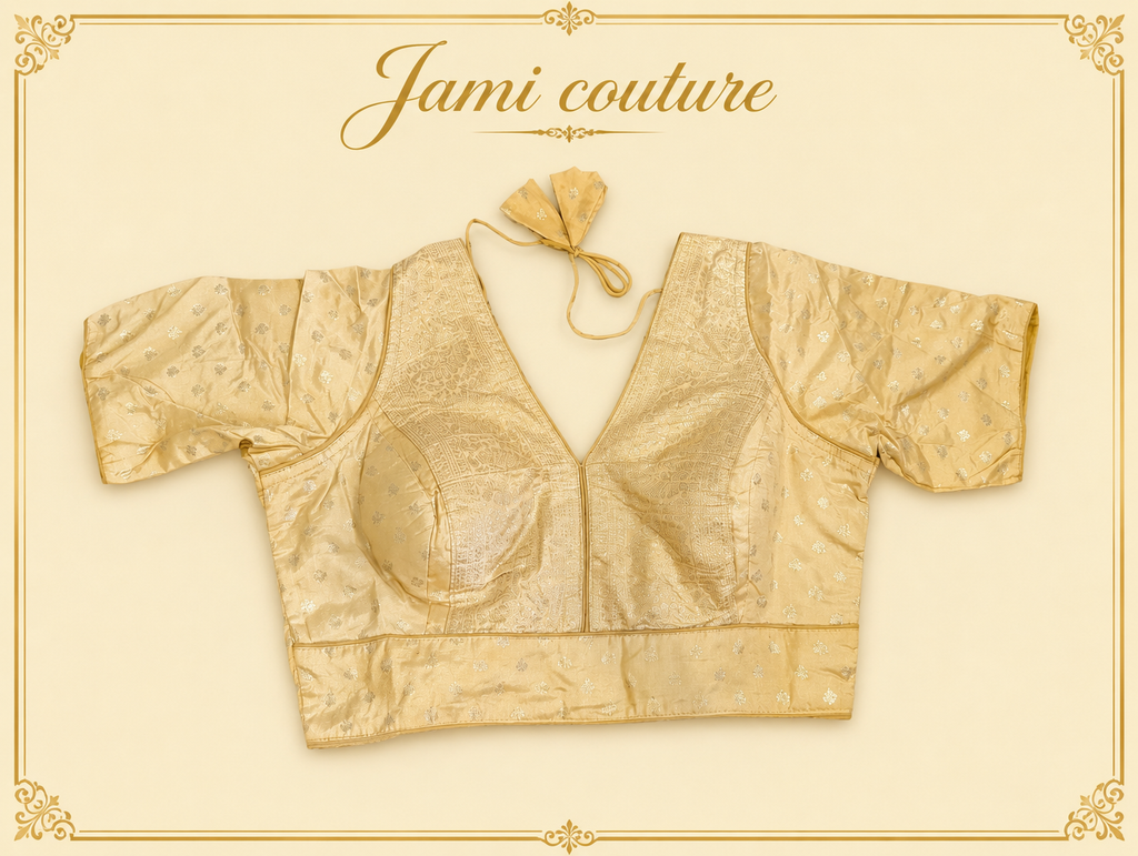 Gold pure dola silk Banarasi designer blouse with tonal zari weave, laid flat