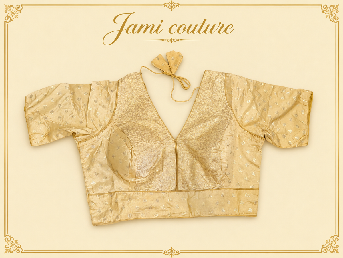 Gold pure dola silk Banarasi designer blouse with tonal zari weave, laid flat