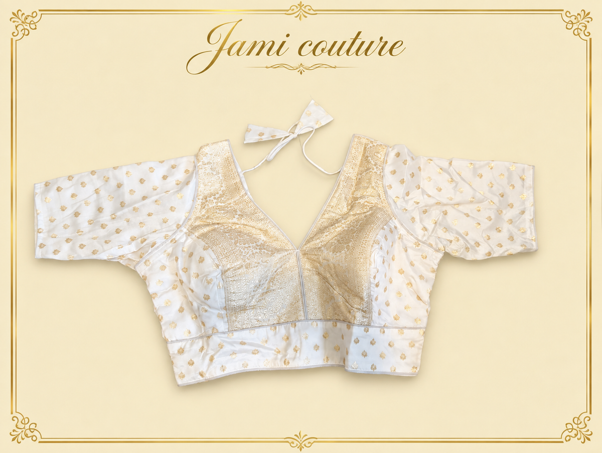 White pure dola silk Banarasi designer blouse with silver-gold buttis, laid flat