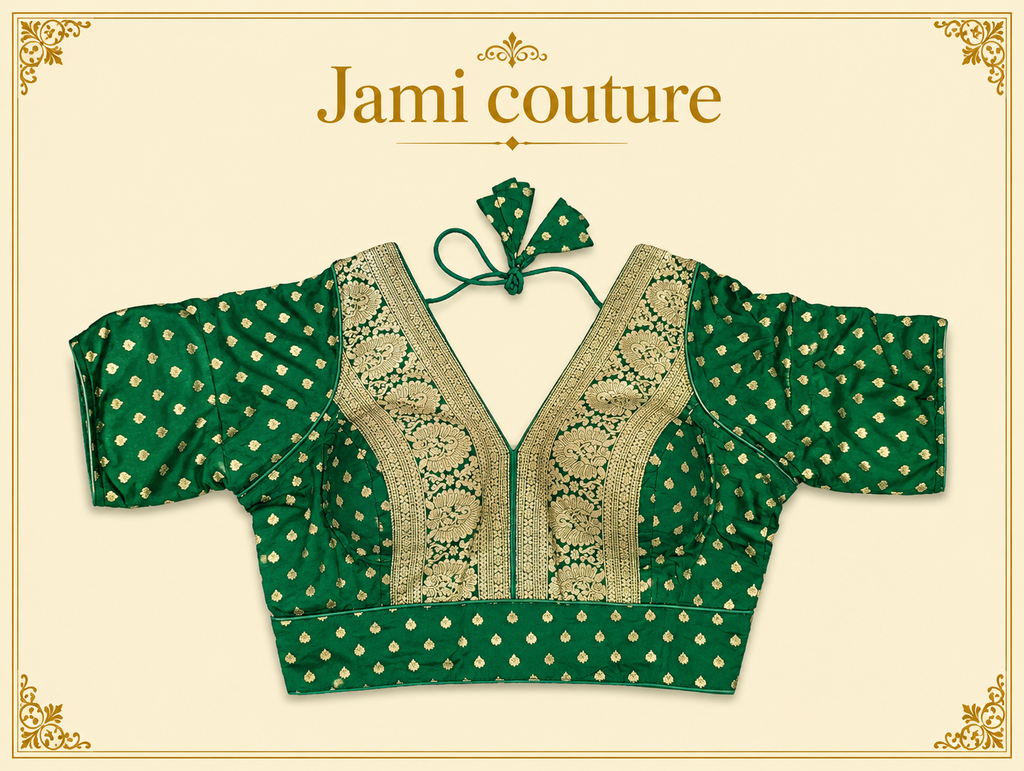 Green pure dola silk Banarasi designer blouse with gold zari V-neck panel and buttis, laid flat