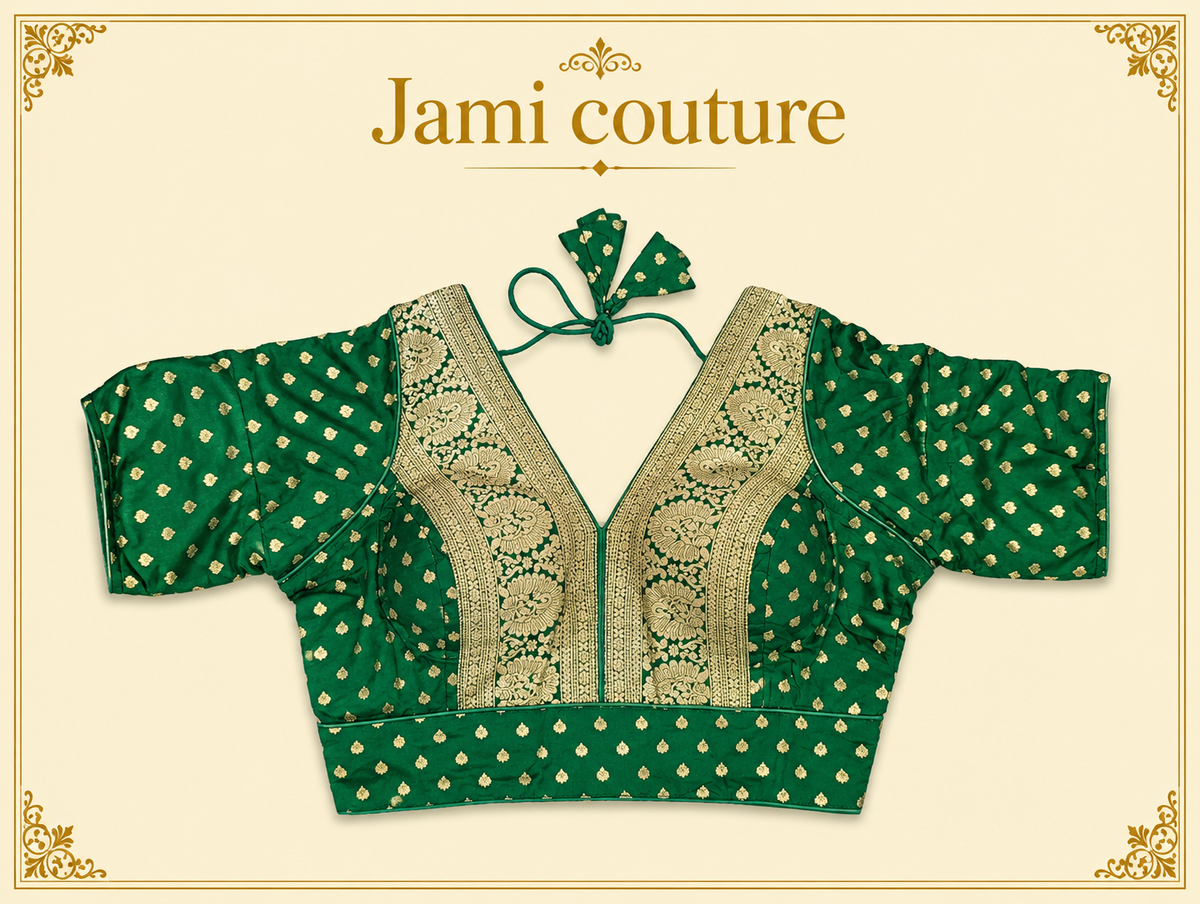Green pure dola silk Banarasi designer blouse with gold zari V-neck panel and buttis, laid flat
