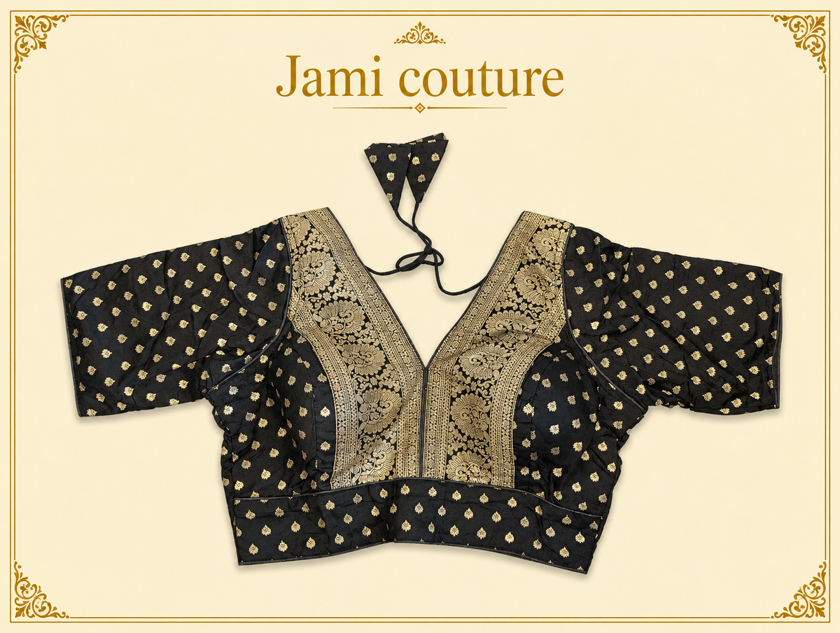 Black pure dola silk Banarasi designer blouse with gold zari V-neck panel and buttis, laid flat