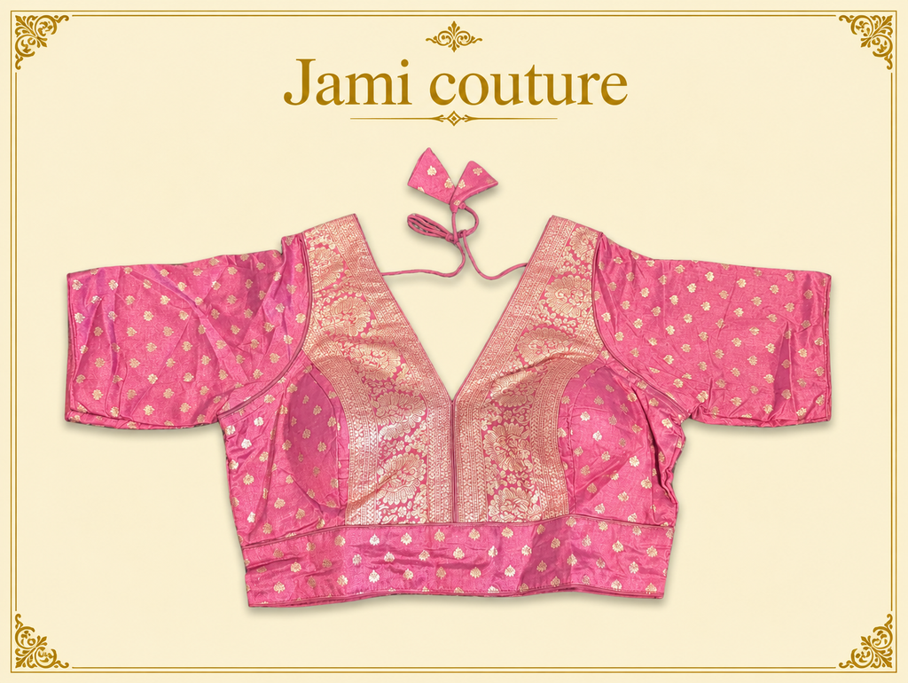 Peach pure dola silk Banarasi designer blouse with gold zari panel, laid flat