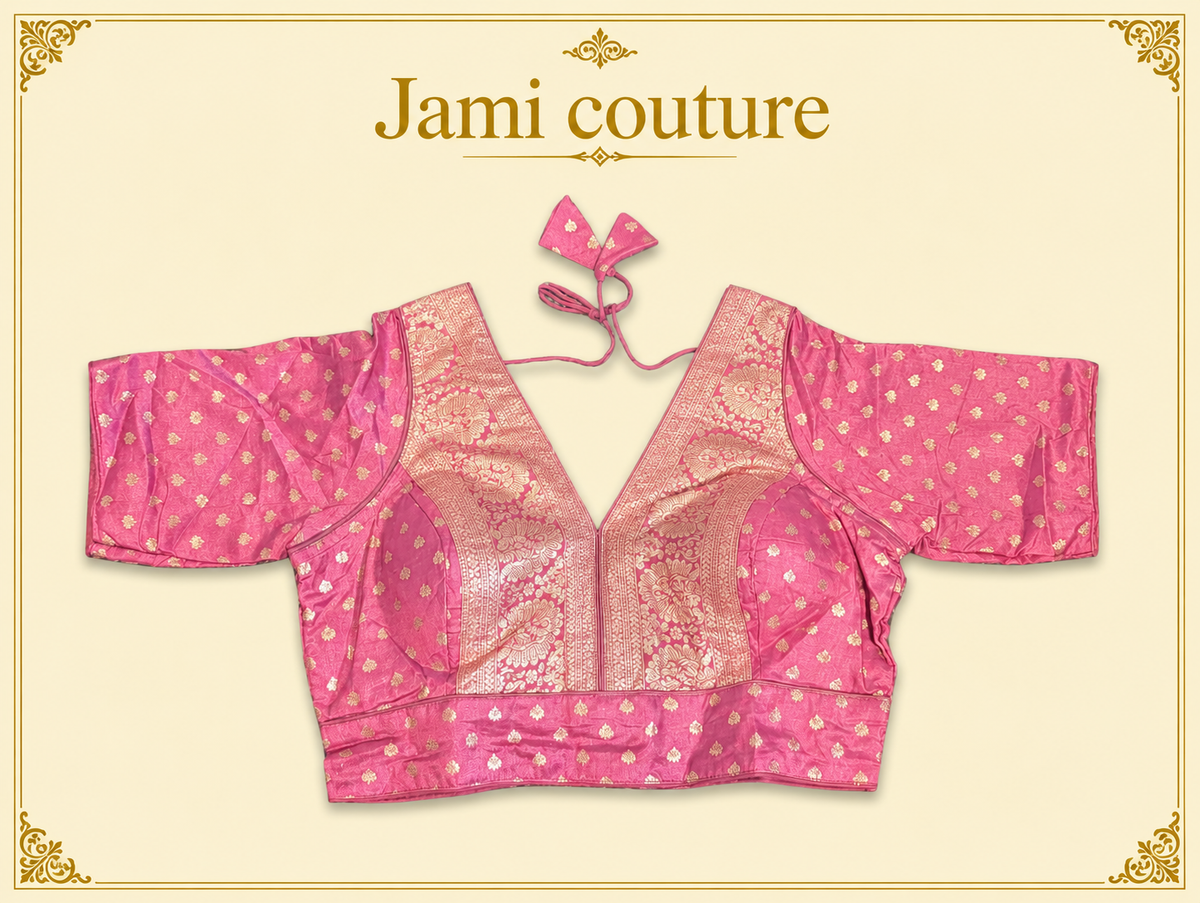 Peach pure dola silk Banarasi designer blouse with gold zari panel, laid flat