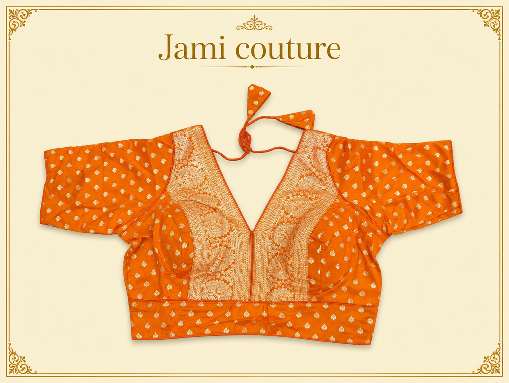 Orange pure dola silk Banarasi designer blouse with gold zari V-neck panel and buttis, laid flat