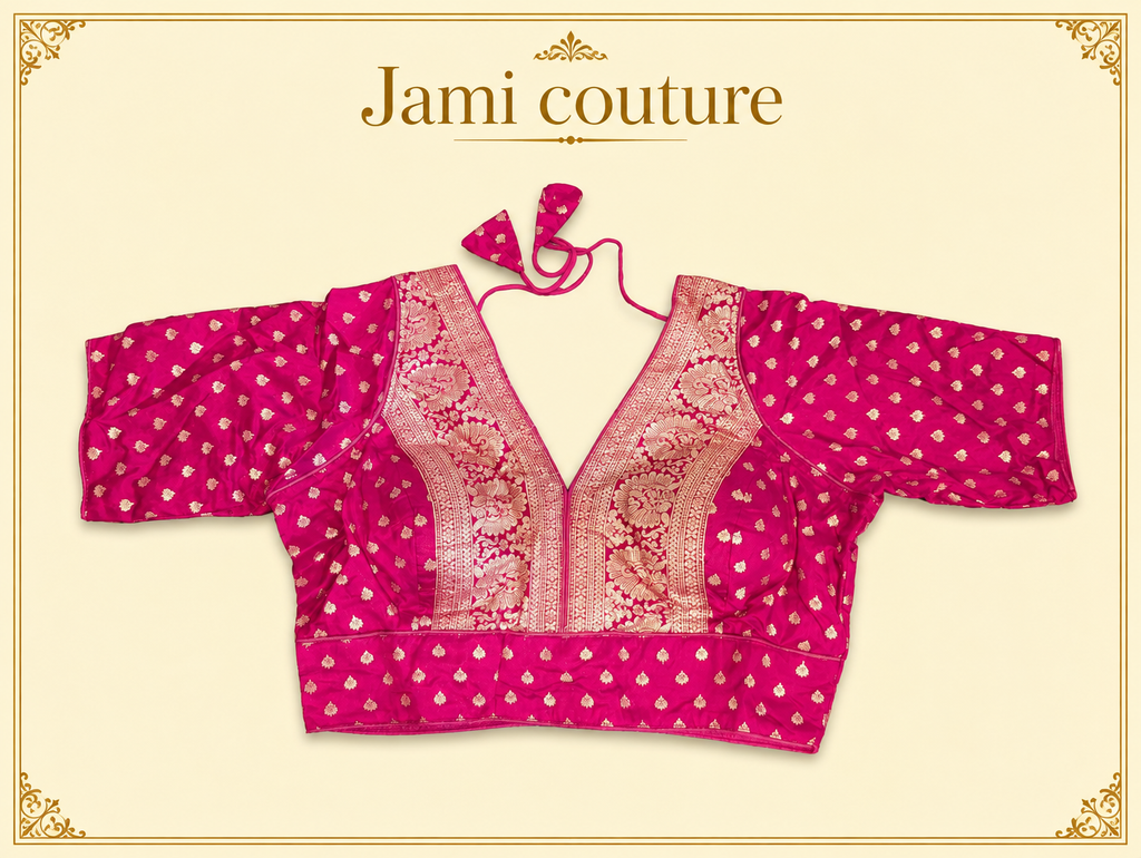 Rani pink pure dola silk Banarasi designer blouse with gold zari panel and buttis, laid flat