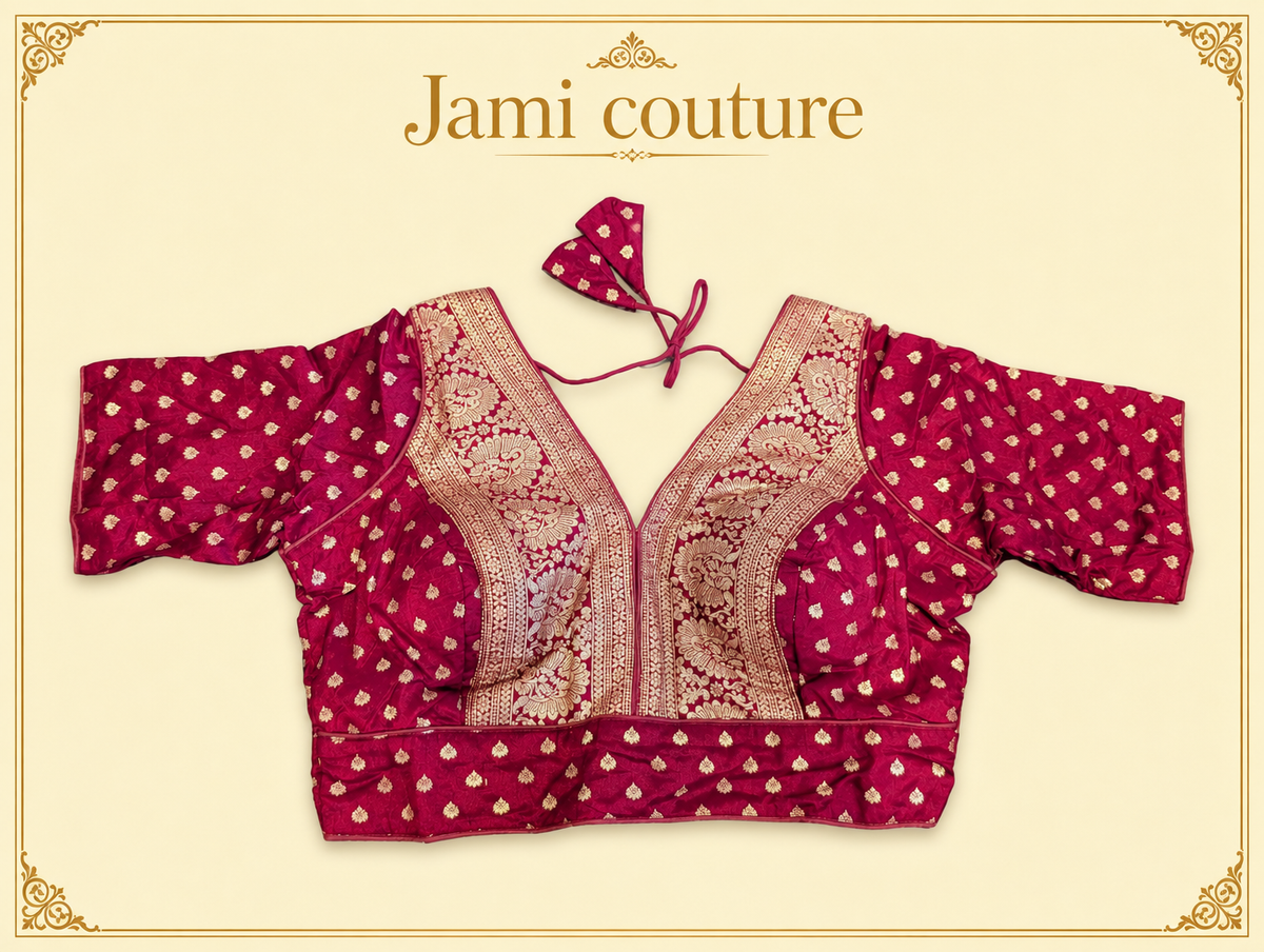 Maroon pure dola silk Banarasi designer blouse with gold zari V-neck panel and buttis, laid flat