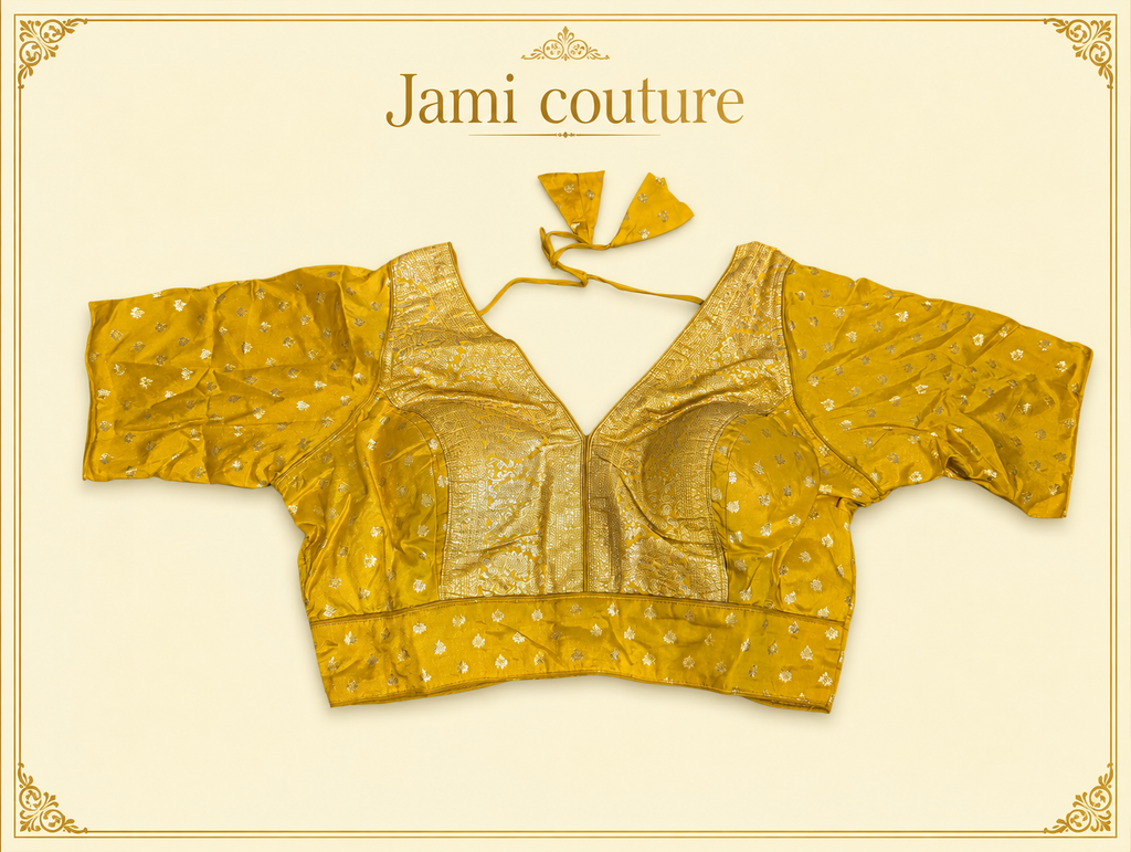 Yellow pure dola silk Banarasi designer blouse with gold zari panel, laid flat