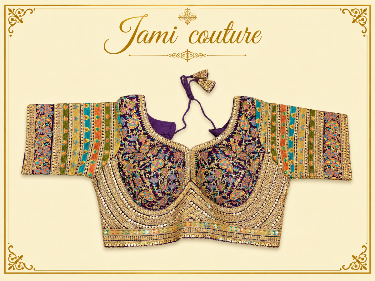 Purple faux georgette bridal blouse with heavy gold handwork and multicolour striped sleeves, laid flat