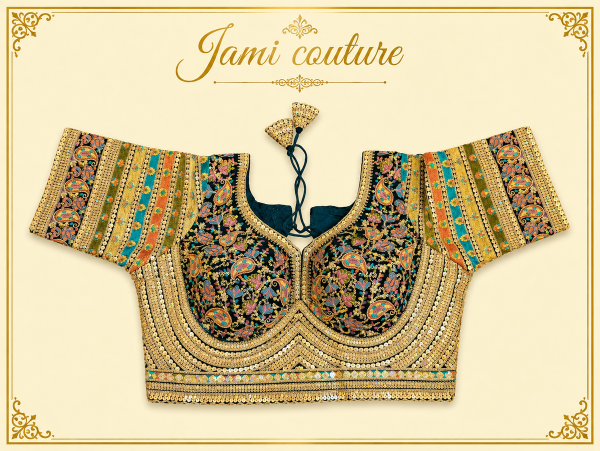 Green faux georgette bridal blouse with heavy gold handwork and multicolour striped sleeves, laid flat