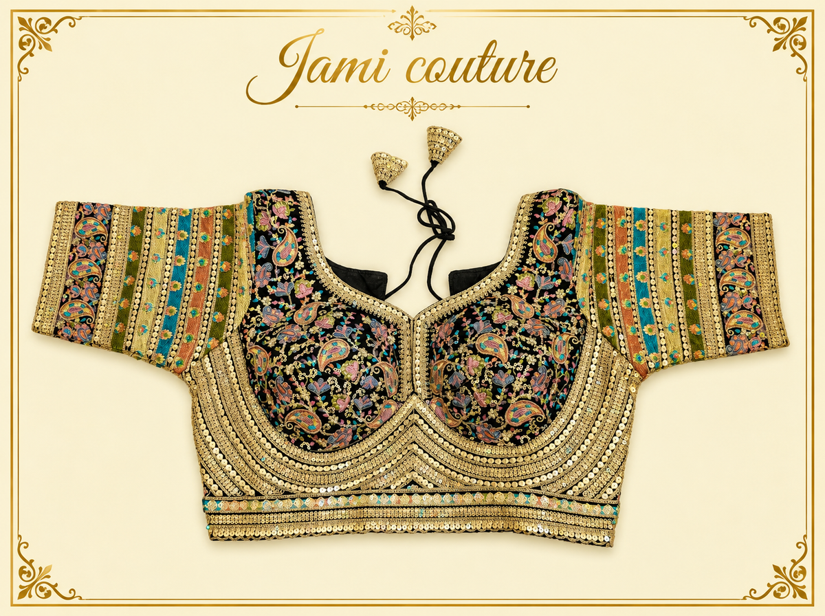 Black faux georgette bridal blouse with gold and colourful floral handwork, laid flat