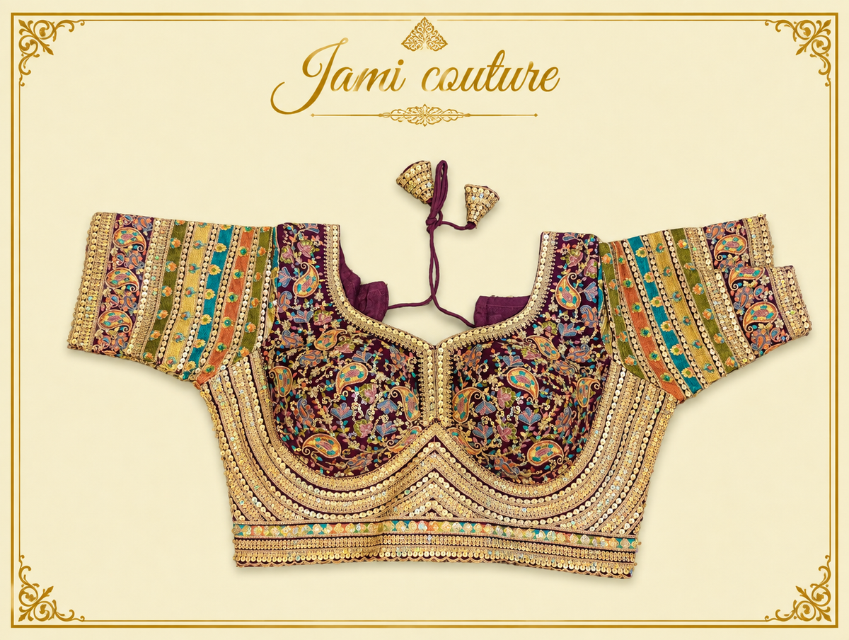 Wine faux georgette bridal blouse with heavy gold handwork and multicolour striped sleeves, laid flat