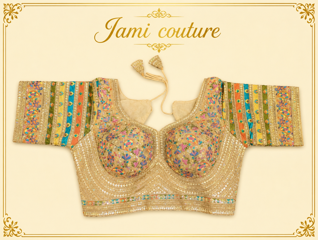 Gold faux georgette bridal blouse with pastel floral handwork and striped sleeves, laid flat