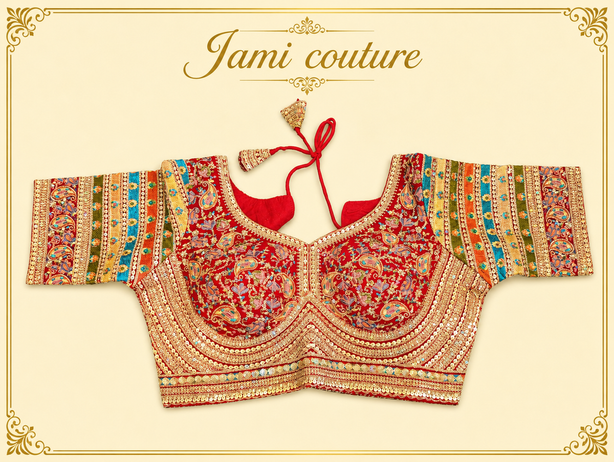 Red faux georgette bridal blouse with heavy gold handwork and multicolour striped sleeves, laid flat