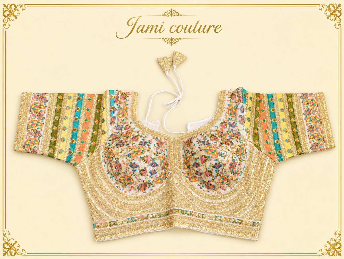 White faux georgette bridal blouse with gold and pastel floral handwork, laid flat