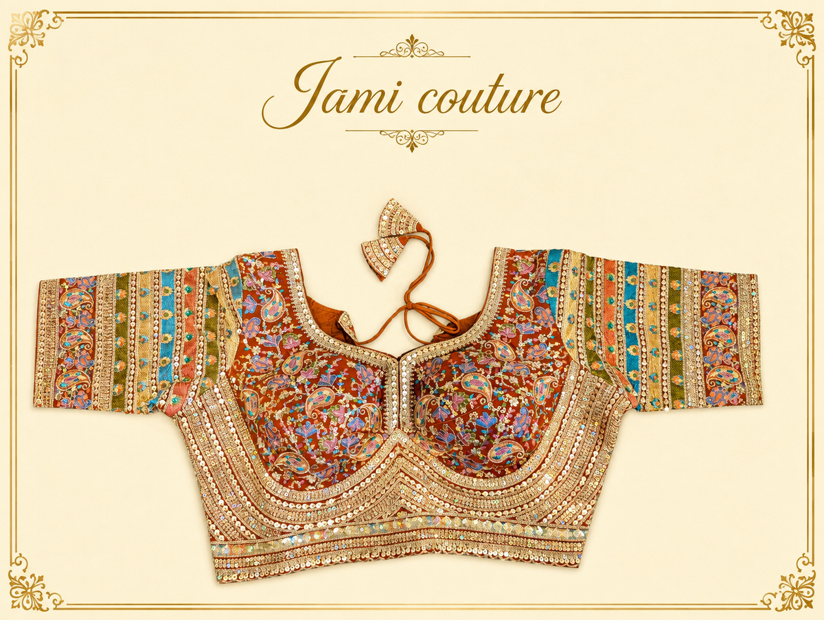 Rust faux georgette bridal blouse with heavy gold handwork and multicolour striped sleeves, laid flat