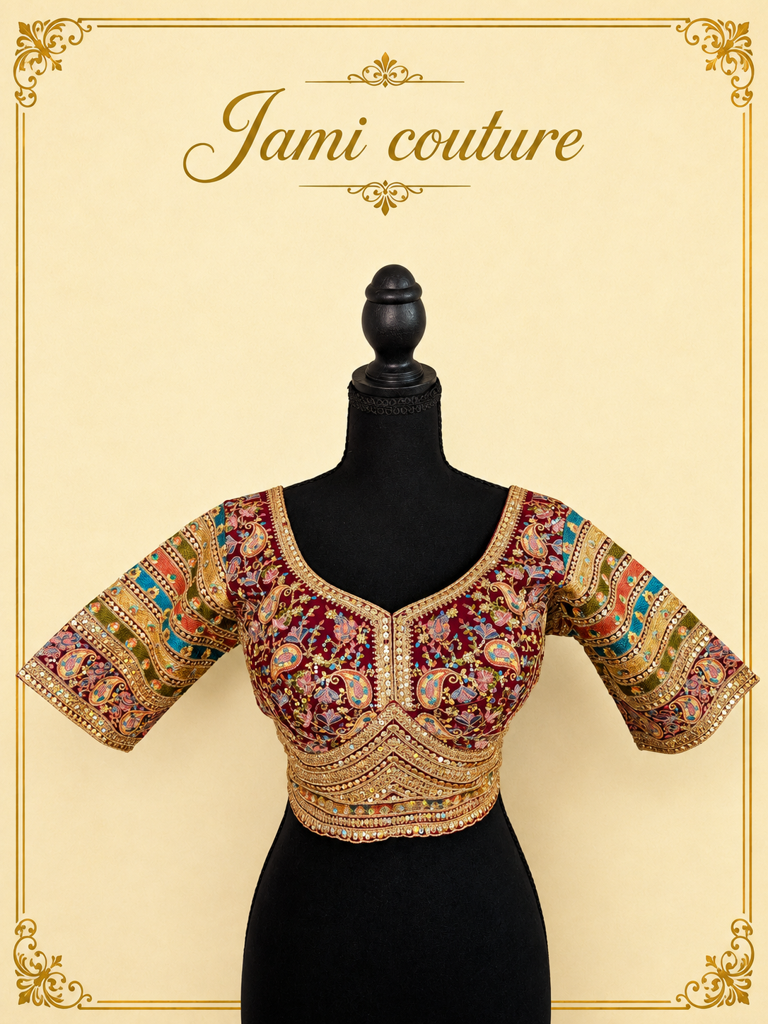 Front of the bridal handwork blouse on a mannequin, showing the dense gold and floral embroidery