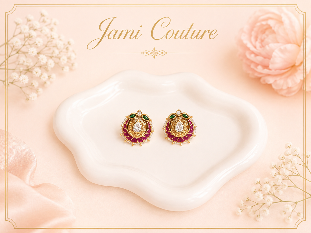Antique Gold Ruby, Emerald & Kundan Stud Earrings with Pearl Border | Traditional Temple Jewelry