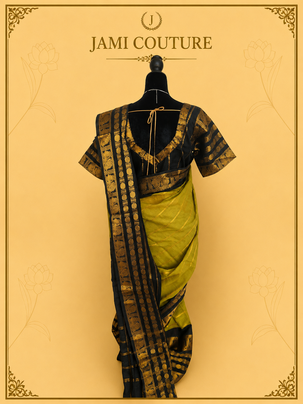Olive Green & Black Silk Cotton Saree with Peacock Motif Border | Contrast Black Zari Blouse