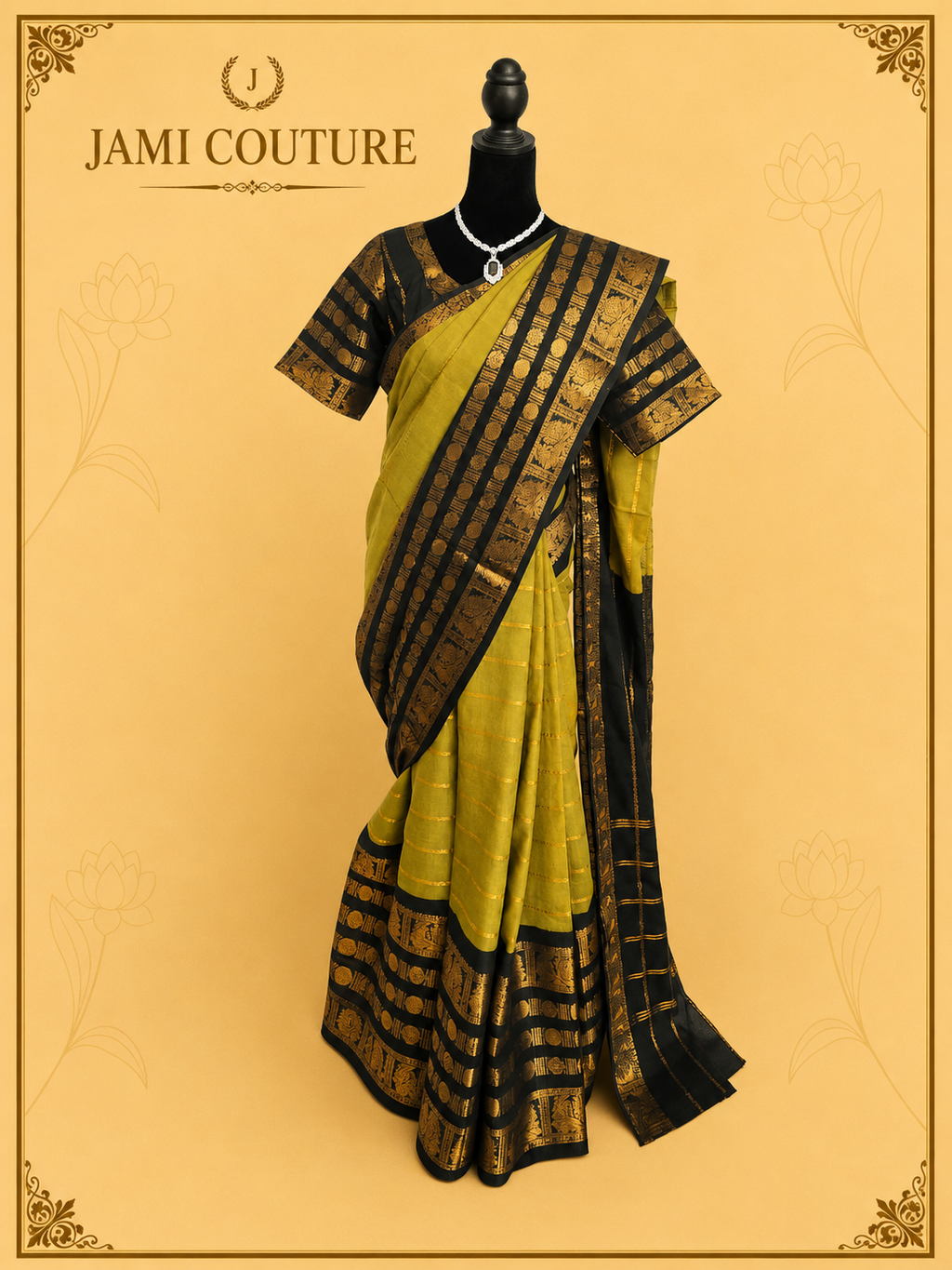 Olive Green & Black Silk Cotton Saree with Peacock Motif Border | Contrast Black Zari Blouse