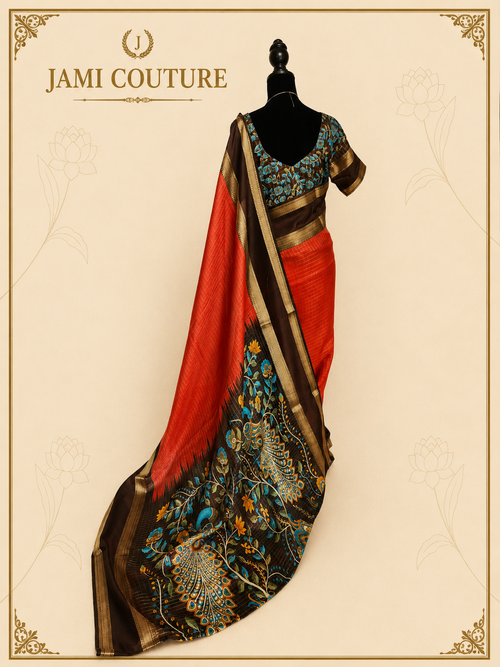 Rust & Dark Brown Handloom Saree with Kalamkari Print Pallu | Dark Brown Floral Blouse