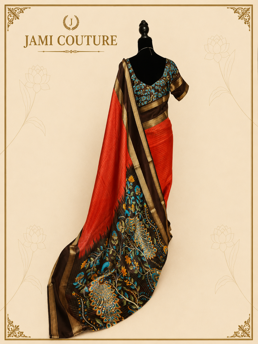 Rust & Dark Brown Handloom Saree with Kalamkari Print Pallu | Dark Brown Floral Blouse