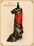 Rust & Dark Brown Handloom Saree with Kalamkari Print Pallu | Dark Brown Floral Blouse