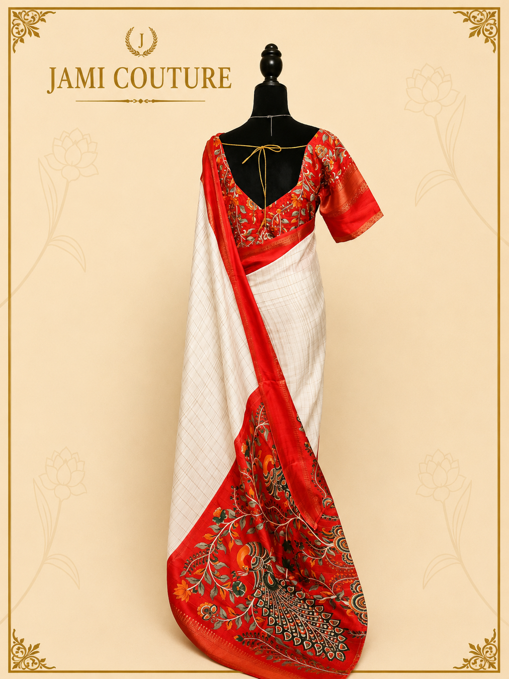 Ivory & Red Handloom Saree with Kalamkari Print Pallu | Red Floral Blouse