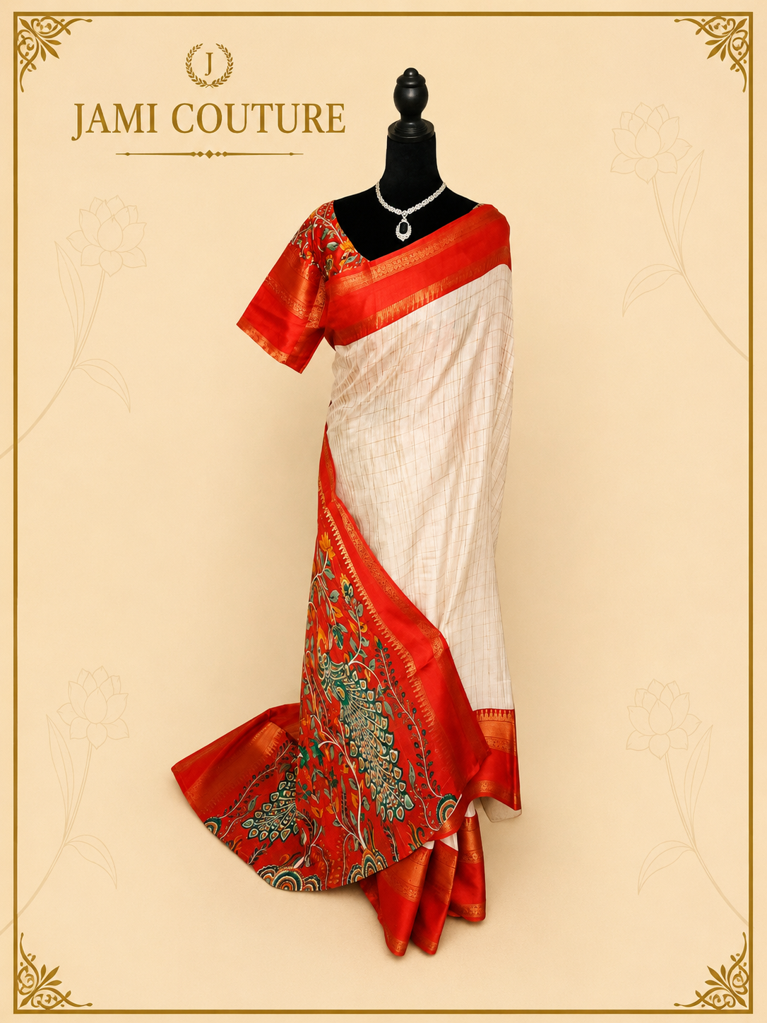 Ivory & Red Handloom Saree with Kalamkari Print Pallu | Red Floral Blouse