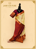 Pearl Sage & Wine Handloom Silk Saree with Stitched matching blouse