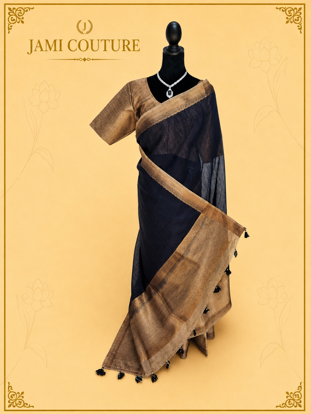 Navy Blue Jute Silk Saree with Woven Gold Border | Antique Gold Printed Blouse