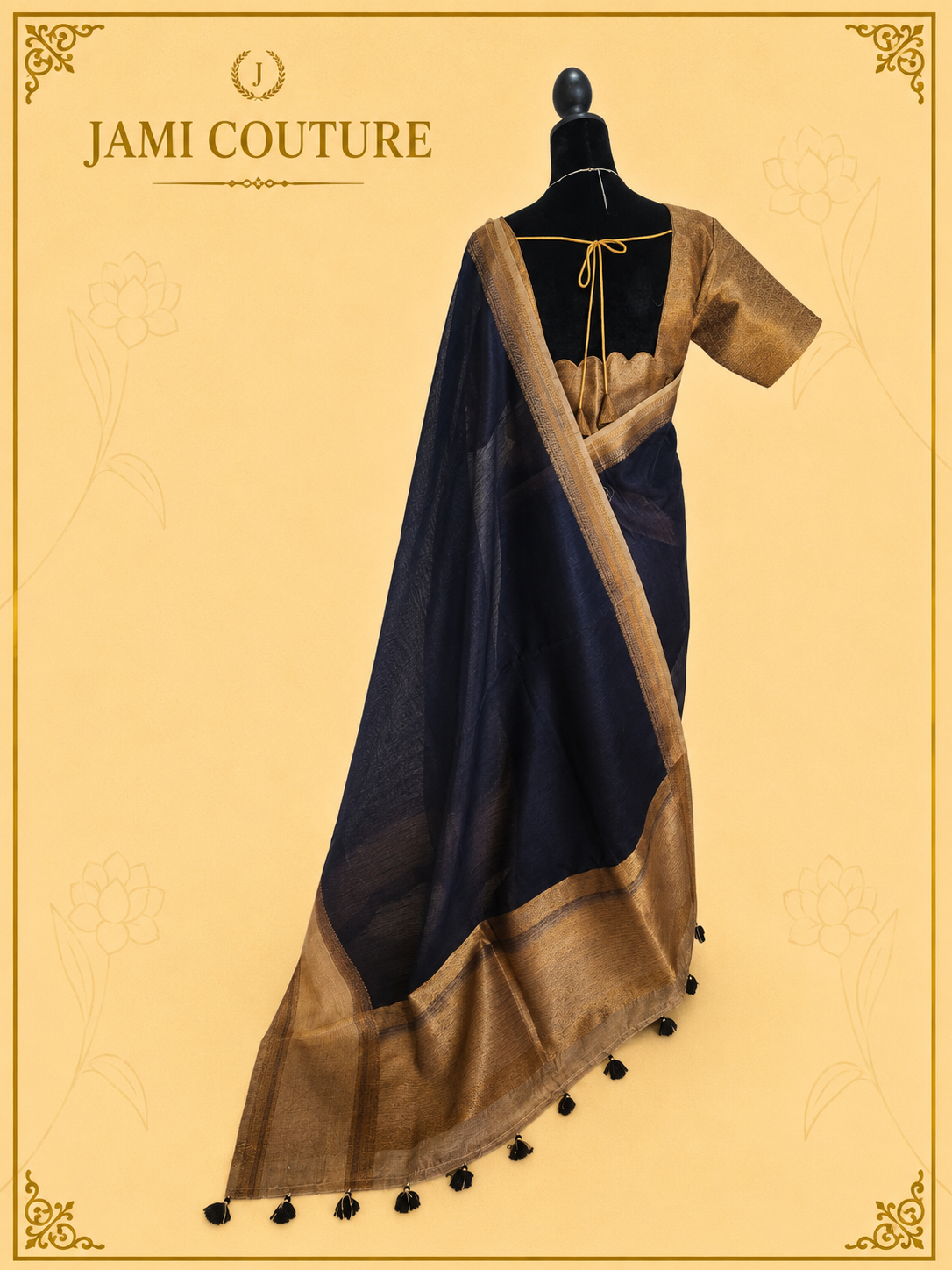 Navy Blue Jute Silk Saree with Woven Gold Border | Antique Gold Printed Blouse