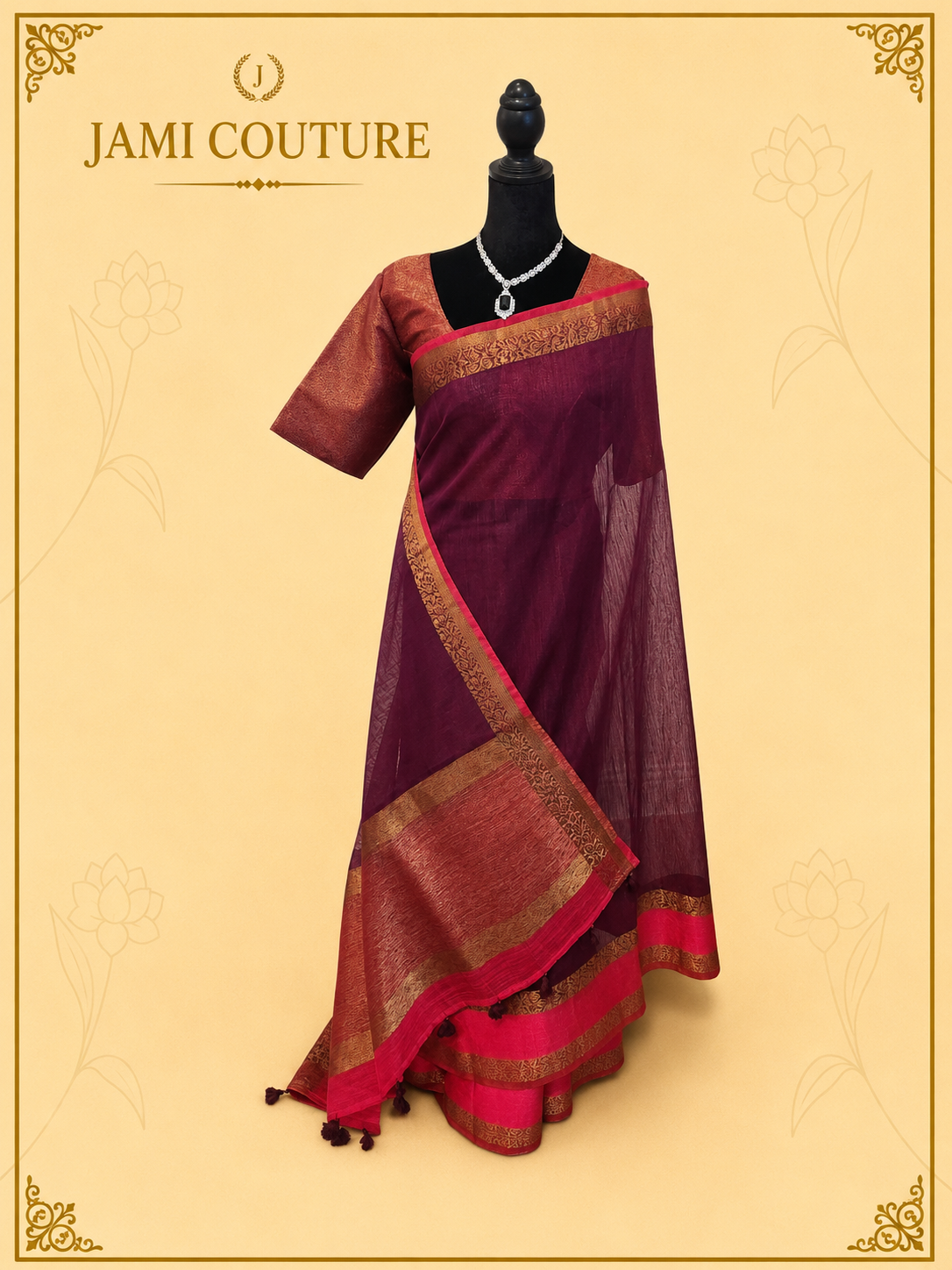 Purple Jute Silk Saree with Woven Gold Border | Antique Rose Printed Blouse