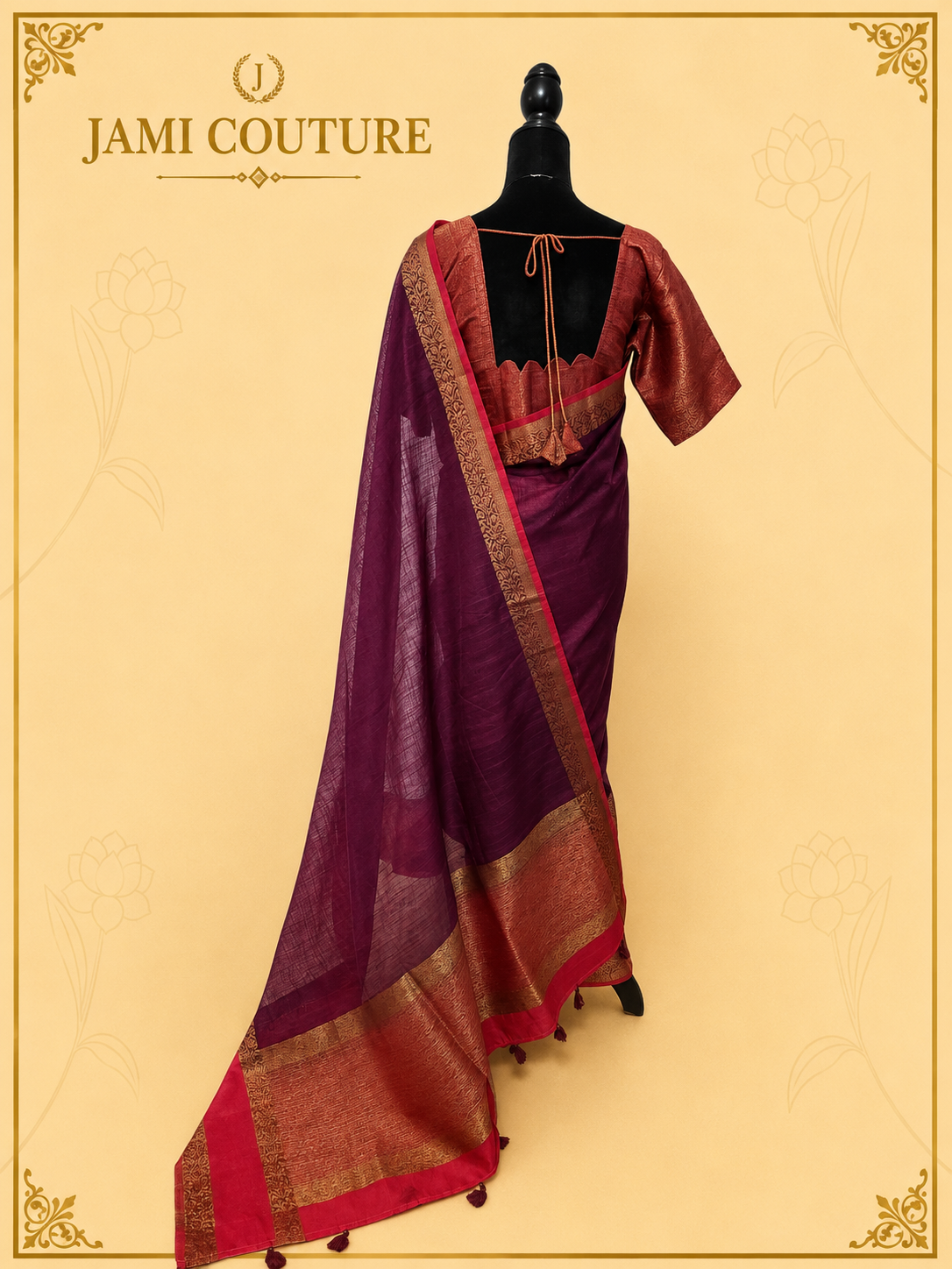 Purple Jute Silk Saree with Woven Gold Border | Antique Rose Printed Blouse