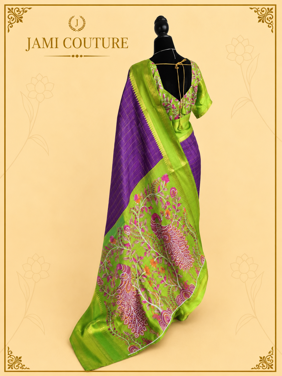 Purple & Green Handloom Saree with Kalamkari Print Pallu | Green Floral Blouse