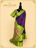 Purple & Green Handloom Saree with Kalamkari Print Pallu | Green Floral Blouse